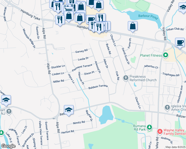 map of restaurants, bars, coffee shops, grocery stores, and more near 27 Dixon Place in Wayne