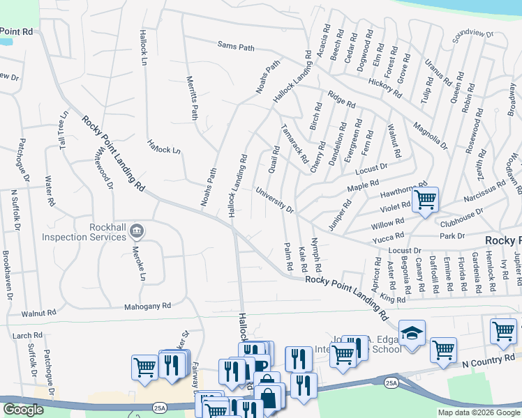 map of restaurants, bars, coffee shops, grocery stores, and more near 55 Quail Road in Rocky Point