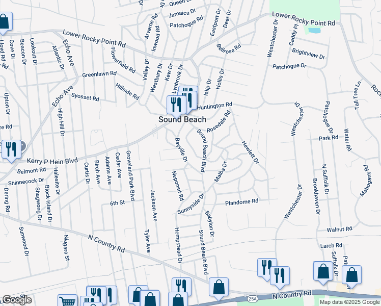 map of restaurants, bars, coffee shops, grocery stores, and more near 28 Woodhaven Drive in Sound Beach