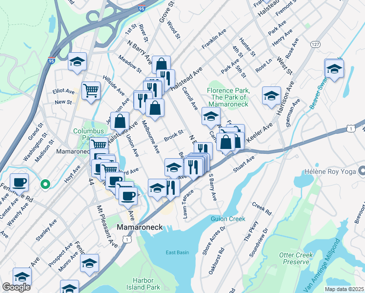 map of restaurants, bars, coffee shops, grocery stores, and more near 307 Beach Avenue in Mamaroneck