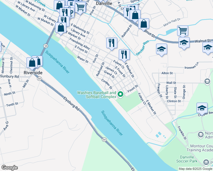 map of restaurants, bars, coffee shops, grocery stores, and more near 718 Cooper Street in Danville