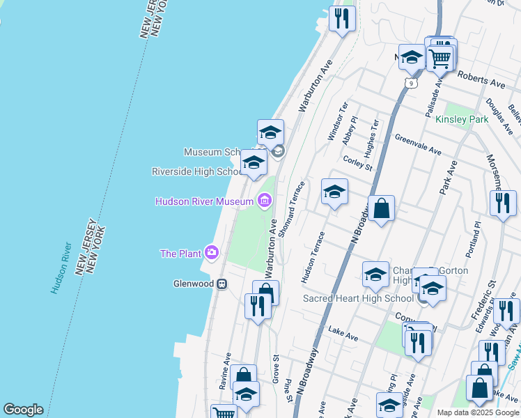 map of restaurants, bars, coffee shops, grocery stores, and more near 511 Warburton Avenue in Yonkers