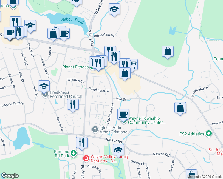 map of restaurants, bars, coffee shops, grocery stores, and more near 114 Traphagen Road in Wayne