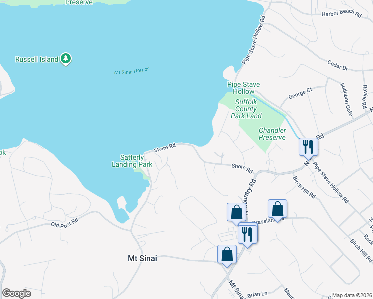 map of restaurants, bars, coffee shops, grocery stores, and more near 225 Shore Road in Mount Sinai