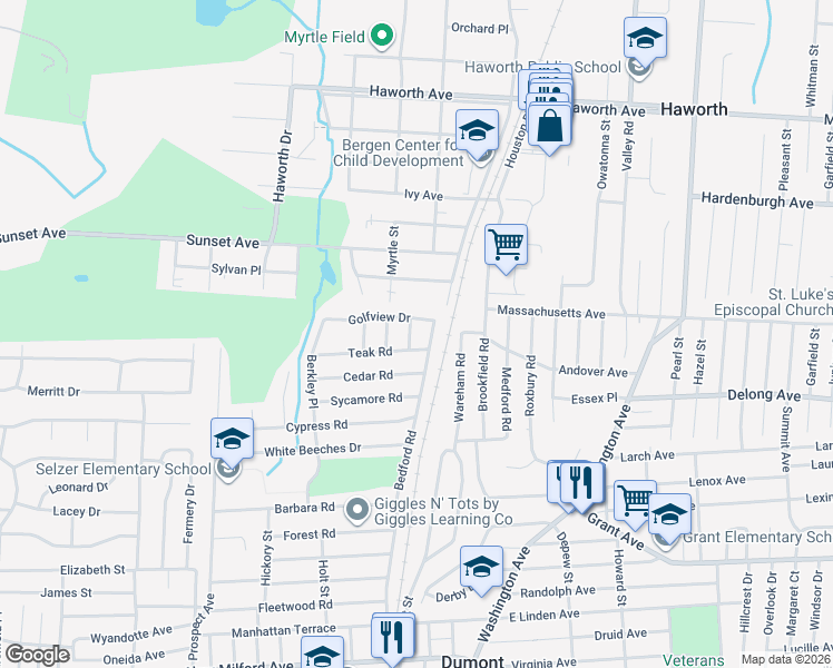 map of restaurants, bars, coffee shops, grocery stores, and more near 20 Gibbs Road in Dumont