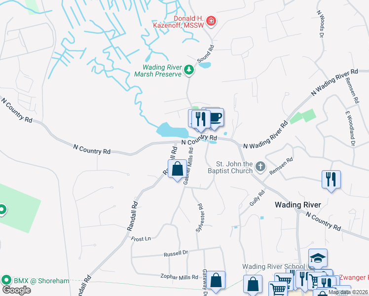 map of restaurants, bars, coffee shops, grocery stores, and more near 1826 North Country Road in Wading River