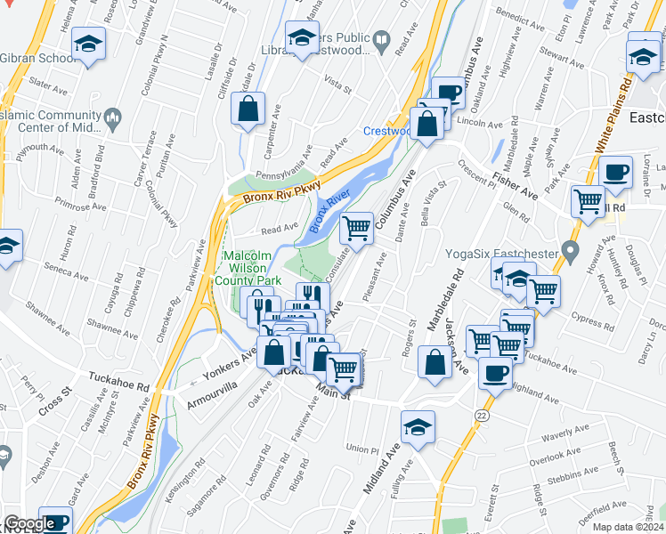 map of restaurants, bars, coffee shops, grocery stores, and more near 1 Consulate Drive in Tuckahoe