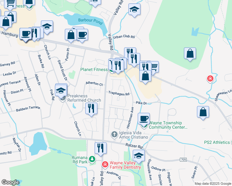 map of restaurants, bars, coffee shops, grocery stores, and more near 20 Traphagen Road in Wayne
