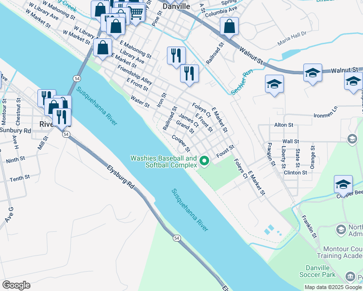 map of restaurants, bars, coffee shops, grocery stores, and more near 718 Cooper Street in Danville