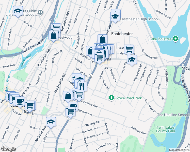 map of restaurants, bars, coffee shops, grocery stores, and more near 375 White Plains Road in Eastchester
