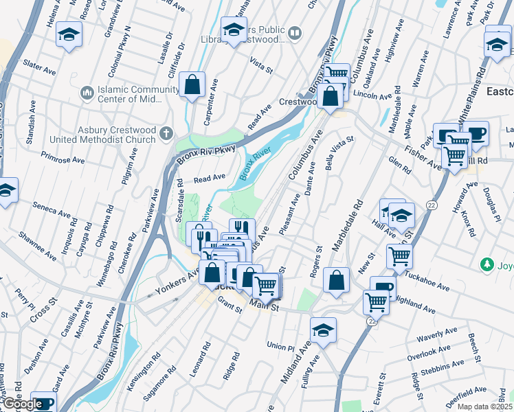 map of restaurants, bars, coffee shops, grocery stores, and more near 1 Consulate Drive in Tuckahoe