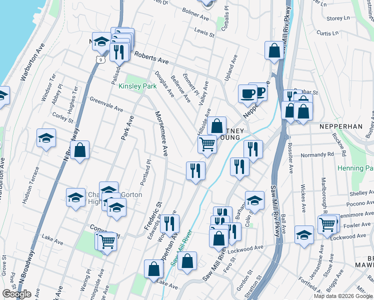 map of restaurants, bars, coffee shops, grocery stores, and more near 17 Hillside Avenue in Yonkers