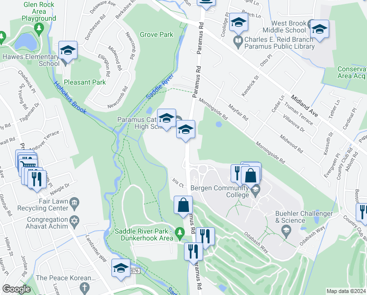 map of restaurants, bars, coffee shops, grocery stores, and more near 415 Paramus Road in Paramus