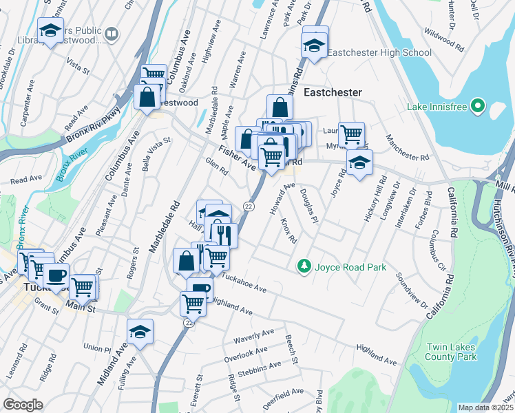 map of restaurants, bars, coffee shops, grocery stores, and more near 375 White Plains Road in Eastchester