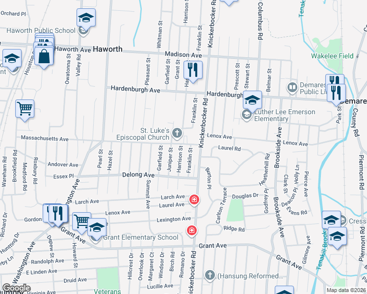 map of restaurants, bars, coffee shops, grocery stores, and more near 105 Harrison Street in Dumont