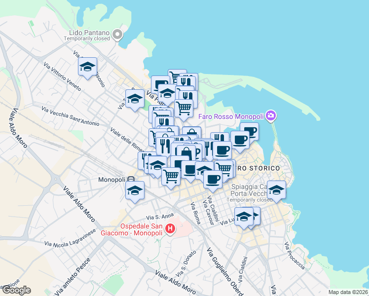 map of restaurants, bars, coffee shops, grocery stores, and more near 1 Via Cesare Battisti in Monopoli