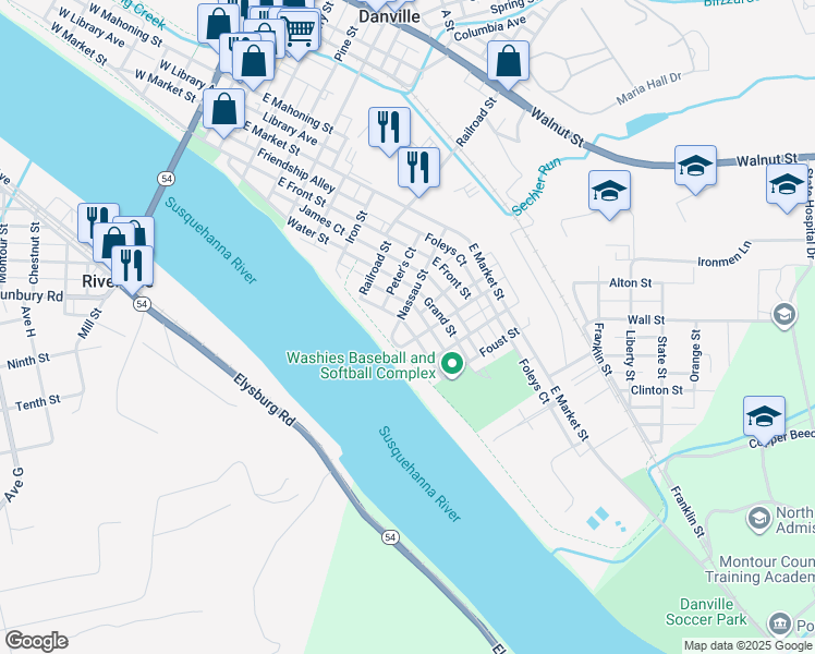 map of restaurants, bars, coffee shops, grocery stores, and more near Cooper Street in Danville