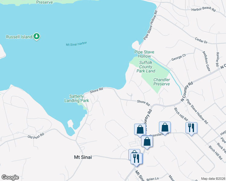 map of restaurants, bars, coffee shops, grocery stores, and more near 225 Shore Road in Mount Sinai