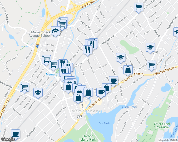 map of restaurants, bars, coffee shops, grocery stores, and more near 416 Hinman Place in Mamaroneck