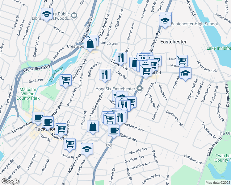 map of restaurants, bars, coffee shops, grocery stores, and more near 4 Bellew Avenue in Eastchester
