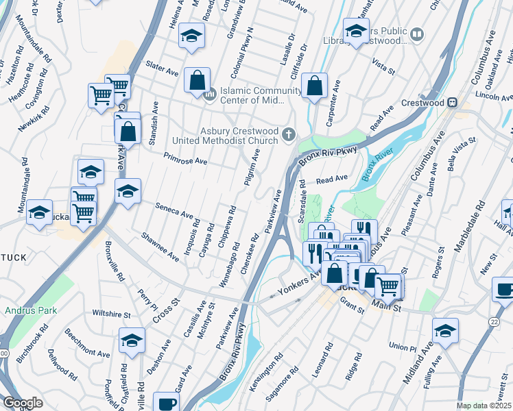 map of restaurants, bars, coffee shops, grocery stores, and more near 144 Colonial Parkway in Yonkers