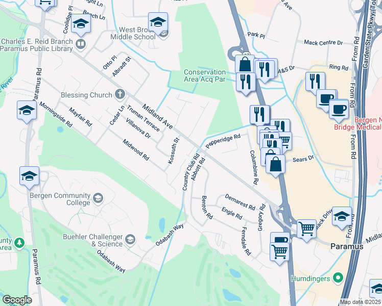 map of restaurants, bars, coffee shops, grocery stores, and more near 106 West Midland Avenue in Paramus