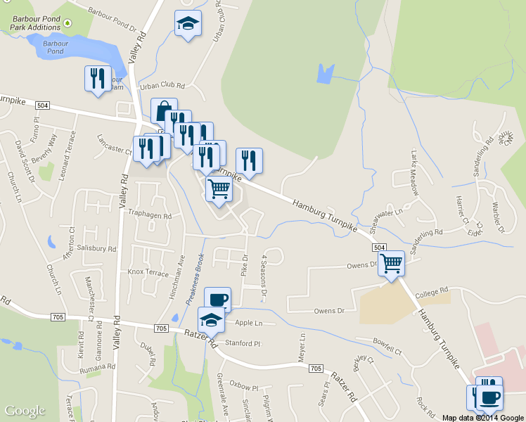 map of restaurants, bars, coffee shops, grocery stores, and more near 4204 Schindler Lane in Wayne