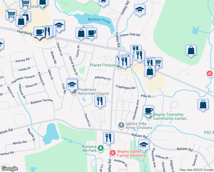 map of restaurants, bars, coffee shops, grocery stores, and more near 19B Atherton Court in Wayne