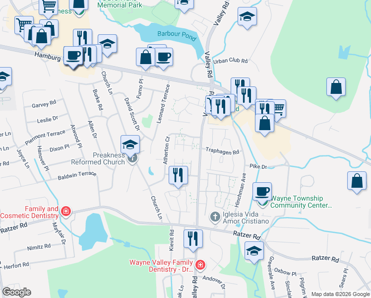map of restaurants, bars, coffee shops, grocery stores, and more near 19B Atherton Court in Wayne