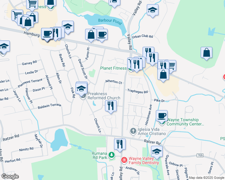 map of restaurants, bars, coffee shops, grocery stores, and more near 57 Atherton Court in Wayne