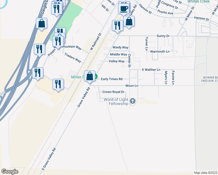 map of restaurants, bars, coffee shops, grocery stores, and more near 3375 Moon Lane in Winnemucca