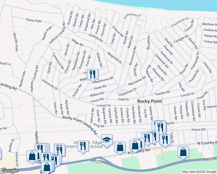 map of restaurants, bars, coffee shops, grocery stores, and more near 51 Violet Road in Rocky Point