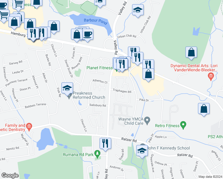 map of restaurants, bars, coffee shops, grocery stores, and more near 7 Traphagen Road in Wayne