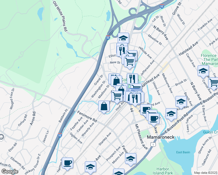 map of restaurants, bars, coffee shops, grocery stores, and more near 664 Old White Plains Road in Mamaroneck