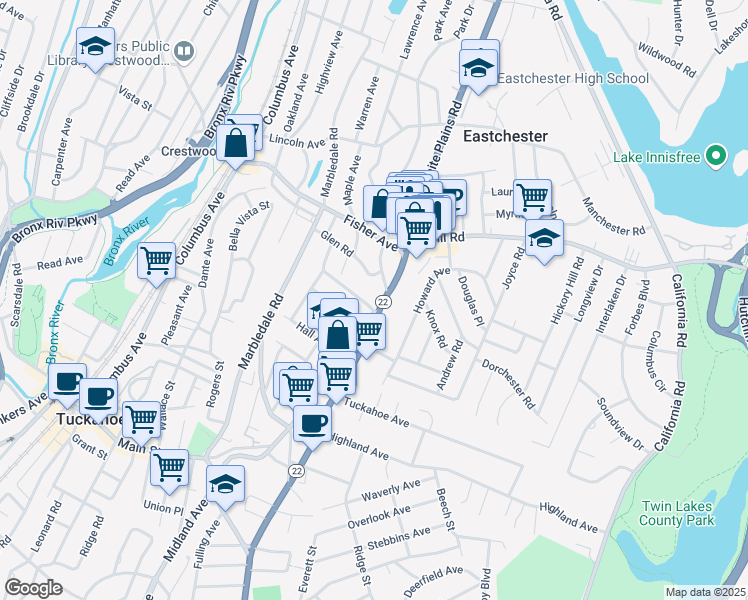 map of restaurants, bars, coffee shops, grocery stores, and more near 369 White Plains Road in Eastchester