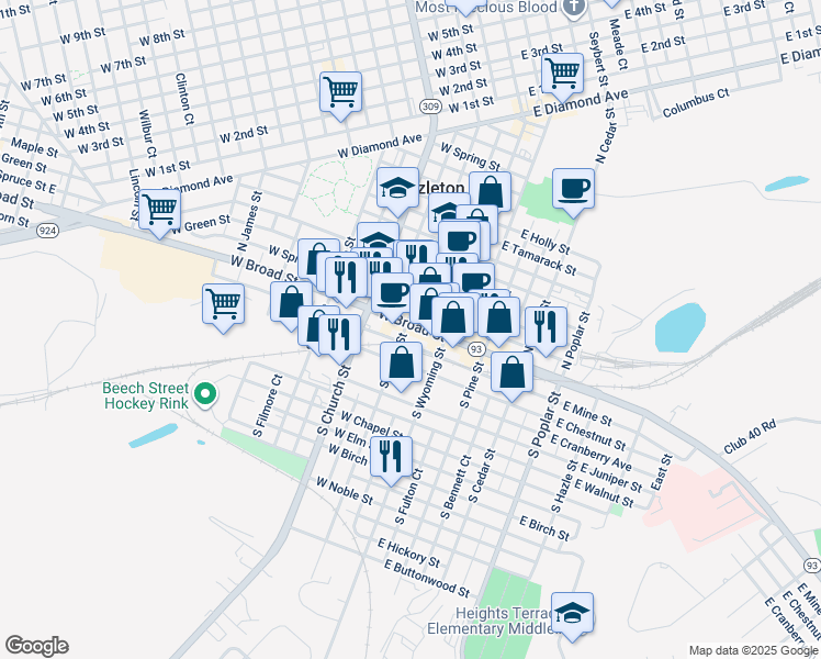 map of restaurants, bars, coffee shops, grocery stores, and more near 44 West Broad Street in Hazleton