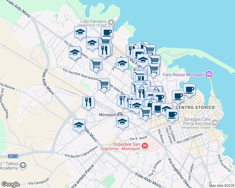 map of restaurants, bars, coffee shops, grocery stores, and more near 38 Via A. Mengano in Monopoli