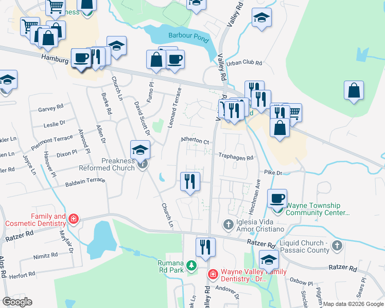 map of restaurants, bars, coffee shops, grocery stores, and more near 1249 Valley Road in Wayne