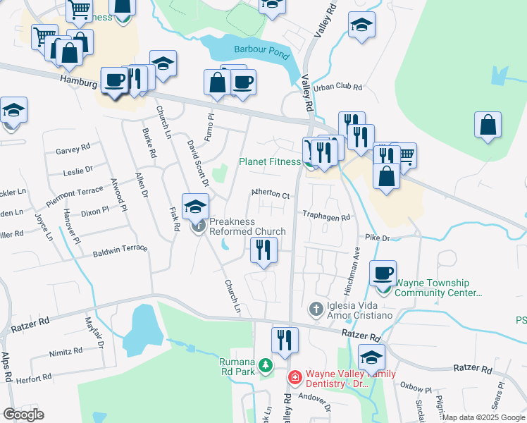 map of restaurants, bars, coffee shops, grocery stores, and more near 1245 Valley Road in Wayne