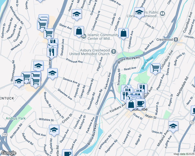 map of restaurants, bars, coffee shops, grocery stores, and more near 118 Chippewa Road in Yonkers