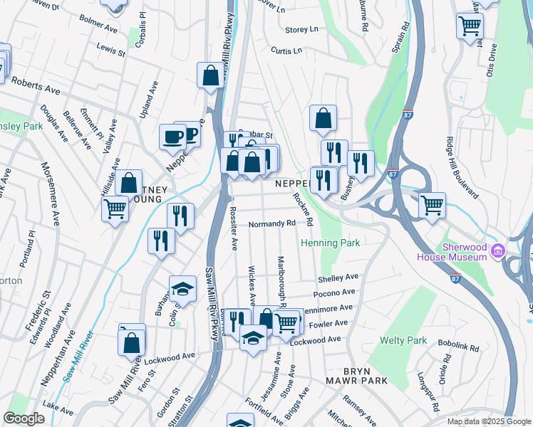 map of restaurants, bars, coffee shops, grocery stores, and more near 40 Dalton Road in Yonkers