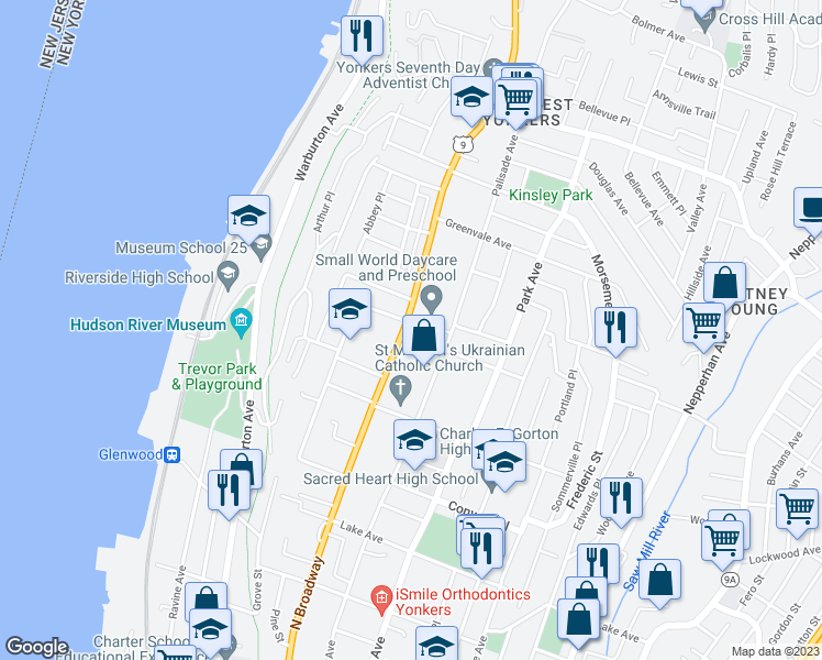 map of restaurants, bars, coffee shops, grocery stores, and more near 576 North Broadway in Yonkers