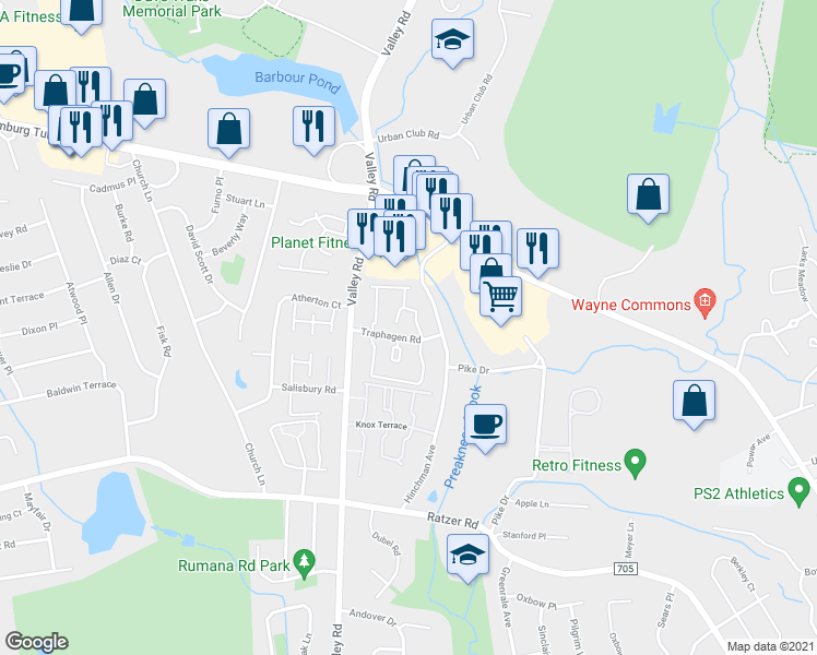 map of restaurants, bars, coffee shops, grocery stores, and more near 20 Traphagen Road in Wayne