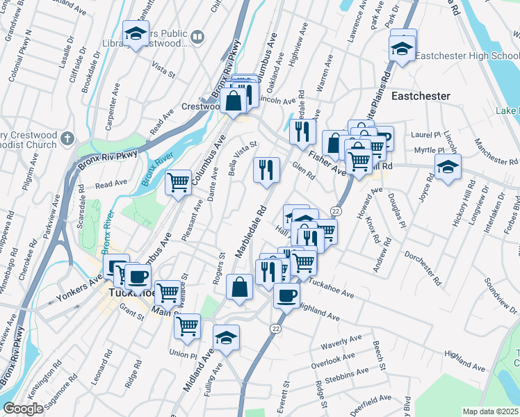 map of restaurants, bars, coffee shops, grocery stores, and more near 135 Marbledale Rd in Tuckahoe