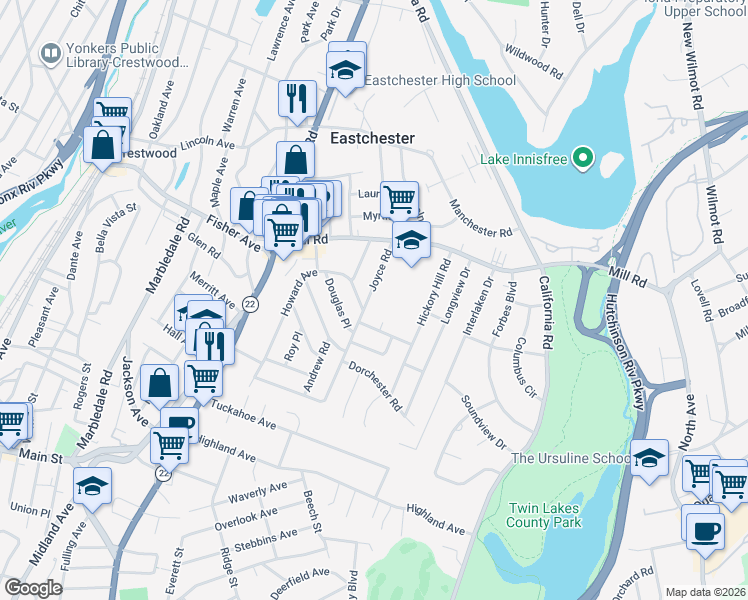 map of restaurants, bars, coffee shops, grocery stores, and more near in Eastchester