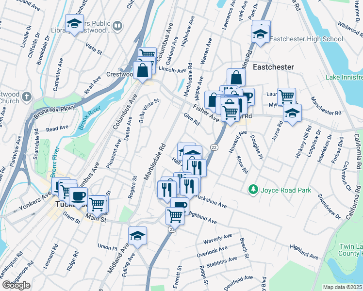 map of restaurants, bars, coffee shops, grocery stores, and more near 4 Bellew Avenue in Eastchester