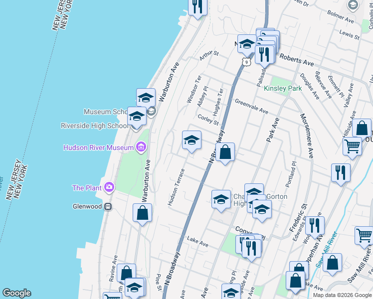 map of restaurants, bars, coffee shops, grocery stores, and more near 15 Hudson View Drive in Yonkers