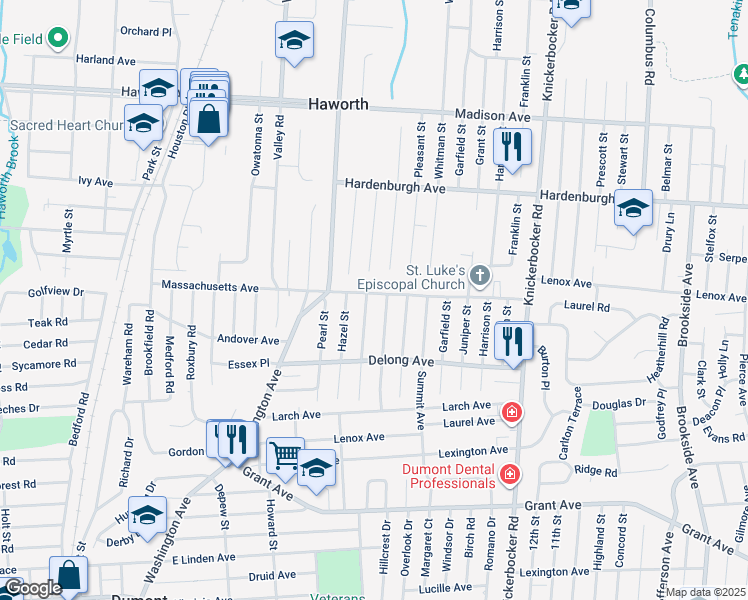 map of restaurants, bars, coffee shops, grocery stores, and more near 119 Beacon Street in Dumont