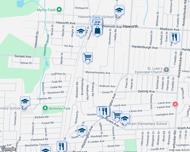 map of restaurants, bars, coffee shops, grocery stores, and more near 129 Stratford Road in Dumont