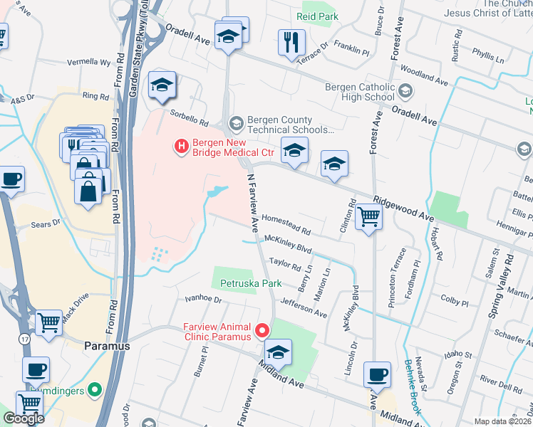 map of restaurants, bars, coffee shops, grocery stores, and more near 524 North Farview Avenue in Paramus